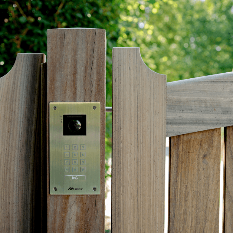 An intercom system with video on the post of a gate