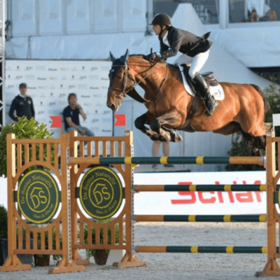 Un cavalier et son cheval sautant un obstacle lors d'une compétition.