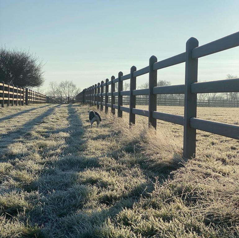 Een hond staat op een bevroren veld met houten hekken eromheen.