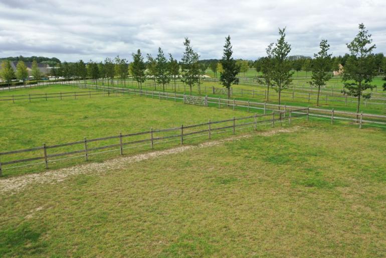 Een veld met houten omheiningen met vierkante palen.