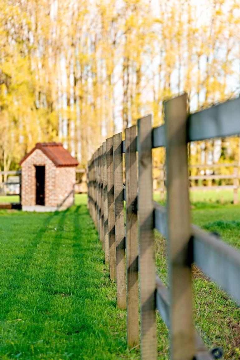 Een houten omheining met de planken vastgeschroefd aan vierkante palen op een veld met een schuilplaats