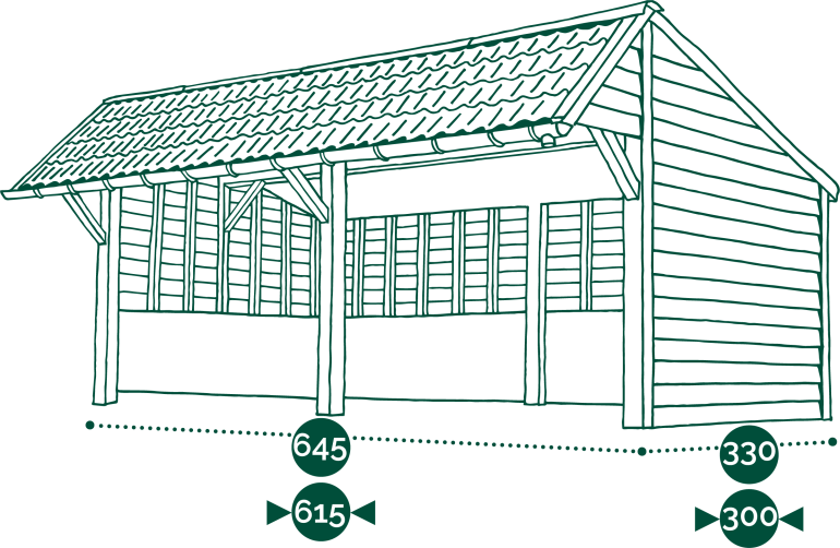 De schets van een dubbele houten schuilstal voor dieren met dakpannen