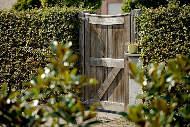 Une porte de jardin en bois avec un arc inversé