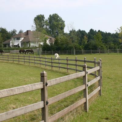 Curved wooden fence with 3 rails, square posts and electric wires on a pasture for horses