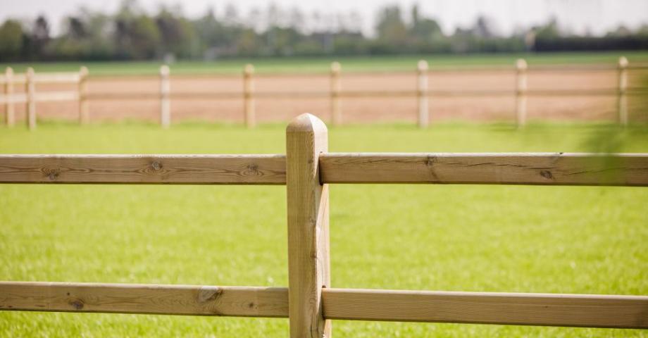 Une clôture en bois avec deux rails et des poteaux carrés entourant un champ
