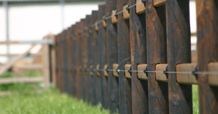 Wooden fences with round posts, 2 rails and electric wires